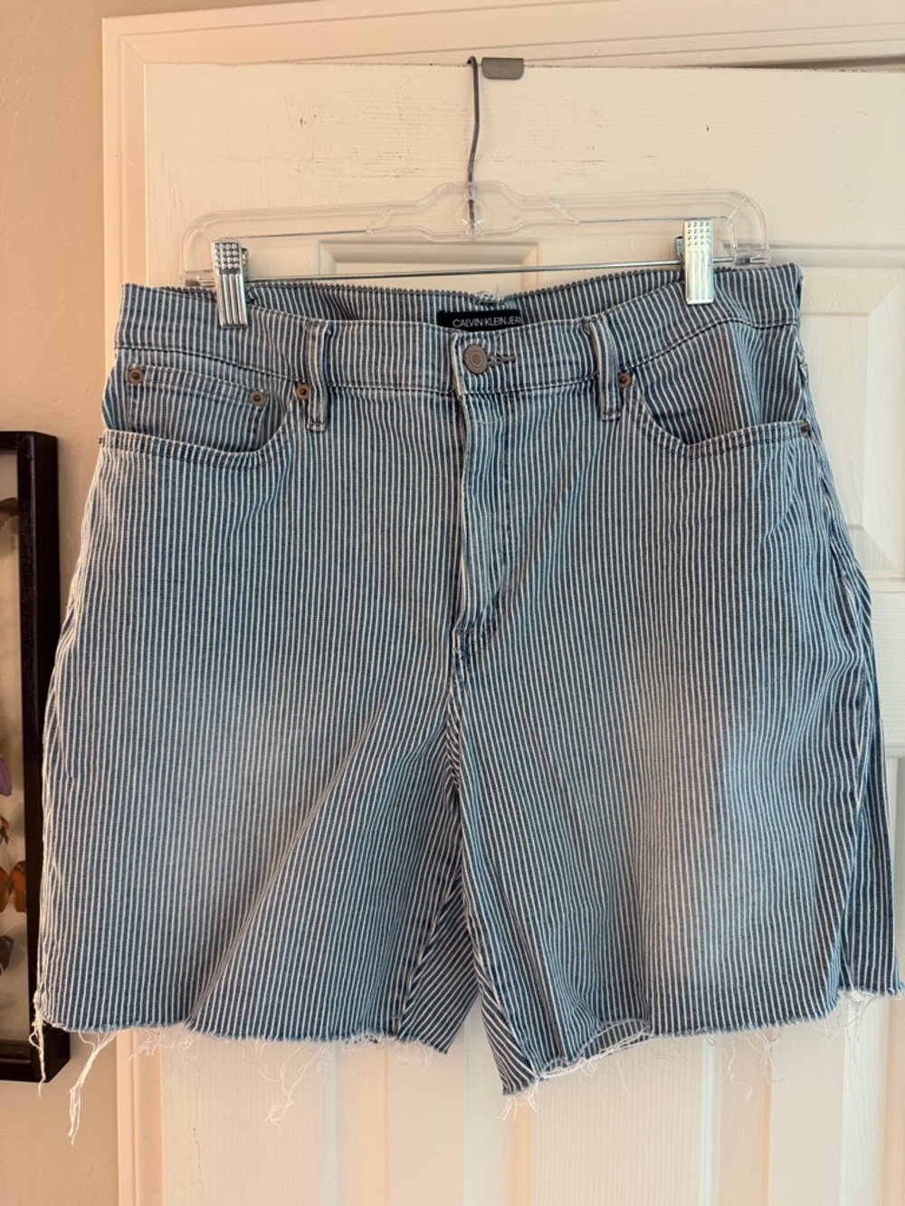 Calvin Klein Blue & White Striped Frayed Denim Shorts